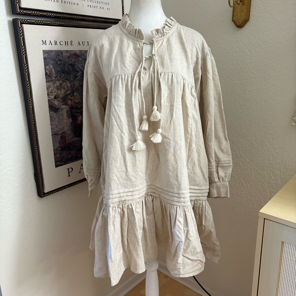 CLEOBELLA Tan‎ Ruffle Mini Dress Front Tassels Size Small